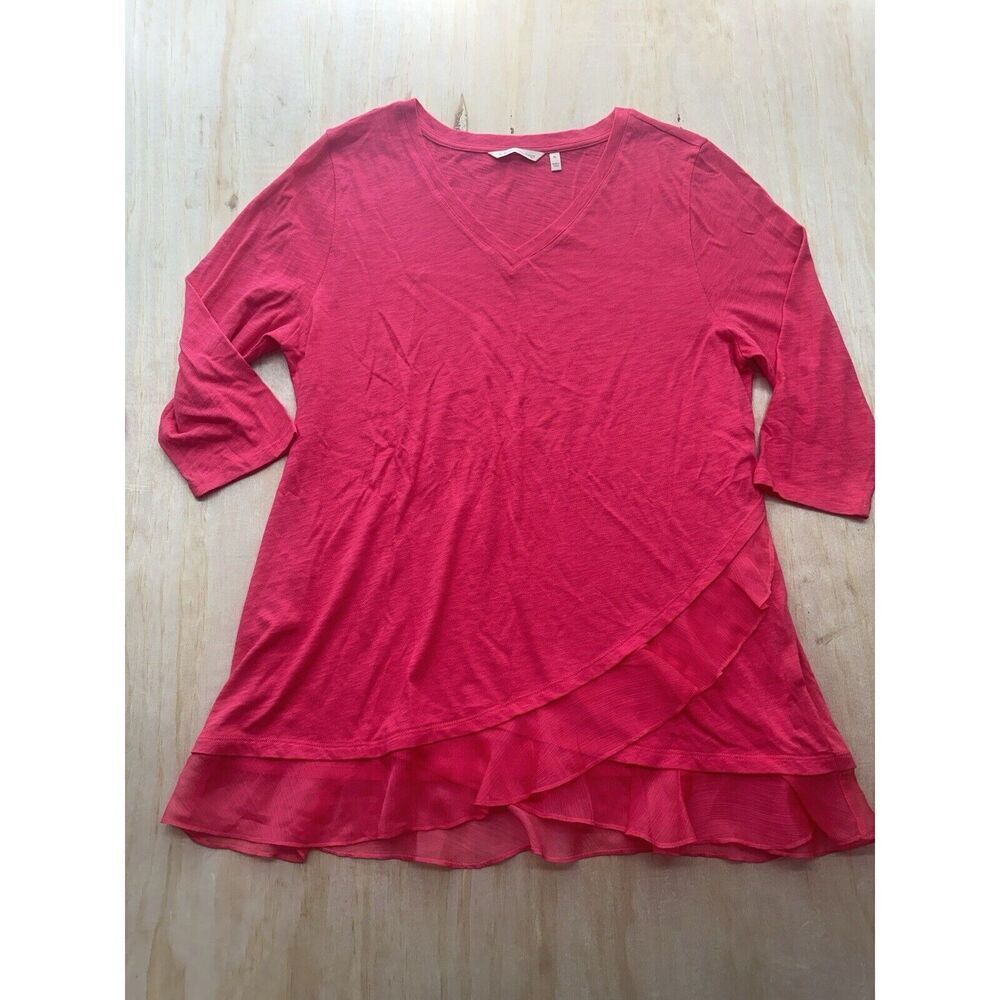 Soft Surroundings Women’s Top Tee V Neck Ruffle Hem Cotton Sz‎ PL (petite) L